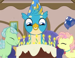 Size: 858x663 | Tagged: safe, artist:queencold, derpibooru import, beachcomber (g4), gallus, high tide (g4), earth pony, gryphon, pony, balloon, birthday cake, cake, candle, cute, female, food, gallabetes, happy, hat, image, male, mare, party hat, png, smiling, stallion