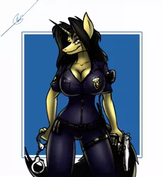 Size: 1177x1280 | Tagged: suggestive, artist:thedrunkcoyote, derpibooru import, oc, oc:amber steel, unofficial characters only, anthro, unicorn, bedroom eyes, big breasts, breasts, busty oc, clothes, cuffs, digital art, female, front view, gun, hair, handgun, horn, huge breasts, image, jpeg, looking at you, police, police officer, police uniform, simple background, smiling at you, solo, solo female, tail, thighs, weapon, wide hips