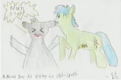 Size: 2707x1799 | Tagged: safe, artist:ed dz, derpibooru import, oc, oc:rectus ignus, oc:staticspark, unofficial characters only, changeling, earth pony, pony, blue mane, derpibooru exclusive, image, jpeg, male, stallion, traditional art