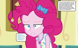 Size: 1047x655 | Tagged: safe, derpibooru import, edit, edited screencap, editor:thomasfan45, screencap, pinkie pie, human, best trends forever, equestria girls, equestria girls series, 1000 hours in ms paint, bare shoulders, best trends forever: pinkie pie, blank expression, bow, brainwashing, canterlot high, clothes, cute, cutie mark, cutie mark on clothes, description is relevant, female, geode of sugar bombs, guidance counselor, hair bow, hypnosis, hypnotized, image, implied maud pie, jpeg, lidded eyes, magical geodes, office, offscreen character, pendulum swing, personality change, pocket watch, relaxed, solo, speech bubble, story included, tanktop, tired
