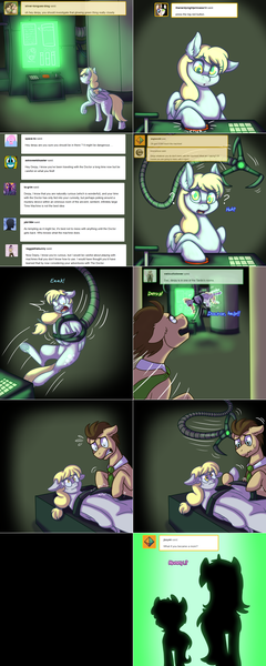 Size: 1502x3758 | Tagged: safe, artist:sinsays, derpibooru import, amethyst star, derpy hooves, dinky hooves, doctor whooves, time turner, earth pony, pegasus, pony, unicorn, lovestruck derpy, ask, comic, device, image, png, tumblr comic