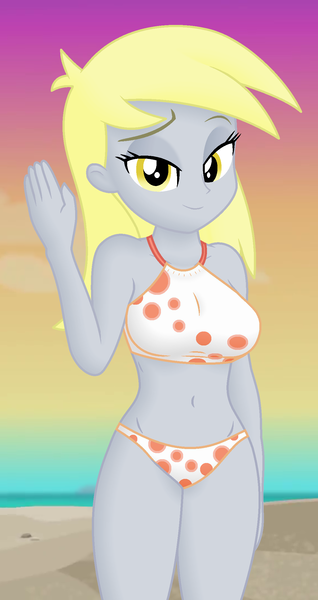 Size: 1160x2190 | Tagged: safe, derpibooru import, edit, edited screencap, editor:ah96, screencap, derpy hooves, aww... baby turtles, equestria girls, equestria girls series, beach, beach babe, belly button, bikini, breast edit, breasts, busty derpy hooves, clothes, cropped, derpy's swimsuit, female, image, lidded eyes, looking at you, png, shading, smiling, solo, swimsuit, swimsuit edit, waving
