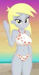 Size: 1160x2190 | Tagged: safe, derpibooru import, edit, edited screencap, editor:ah96, screencap, derpy hooves, aww... baby turtles, equestria girls, equestria girls series, beach, beach babe, belly button, bikini, breast edit, breasts, busty derpy hooves, clothes, cropped, derpy's swimsuit, female, image, lidded eyes, looking at you, png, shading, smiling, solo, swimsuit, swimsuit edit, waving