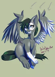 Size: 1771x2508 | Tagged: safe, artist:ero-bee, derpibooru import, oc, unofficial characters only, hybrid, pegasus, eyelashes, gray background, image, jpeg, paws, pegasus oc, signature, simple background, sitting, smiling, solo, wings