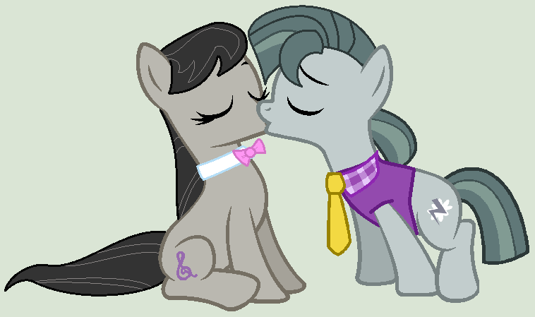 Size: 758x449 | Tagged: safe, artist:jadethepegasus, artist:ukulelemoon, derpibooru import, octavia melody, earth pony, pony, my little pony: pony life, base used, bowtie, clothes, eyes closed, female, g4.5 to g4, gray background, image, kissing, male, mare, necktie, octavio pie, png, shipping, shirt, simple background, sitting, stallion, straight, taviception, vest