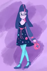 Size: 1024x1536 | Tagged: safe, artist:pettypop, derpibooru import, sci-twi, twilight sparkle, equestria girls, clothes, dress, glasses, handbag, image, jpeg, planet, shoes, socks, solo, stars, stockings, thigh highs