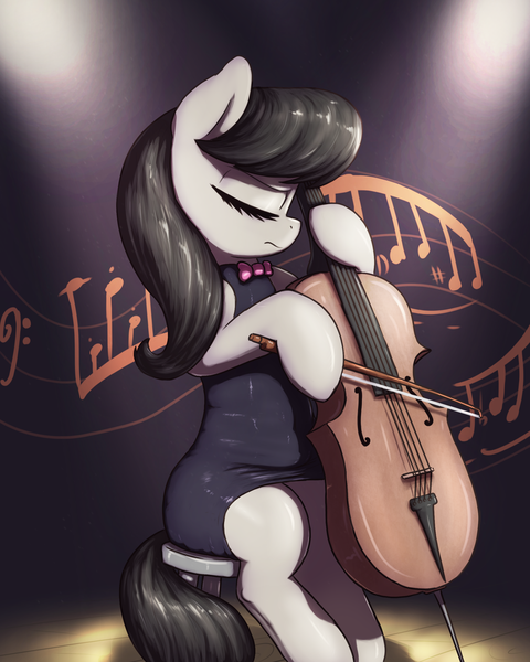 Size: 2000x2500 | Tagged: safe, artist:t72b, derpibooru import, octavia melody, earth pony, pony, bow, bowtie, cello, clothes, dress, eyes closed, female, hoof hold, image, lights, mare, music notes, musical instrument, png, sitting, solo, stage, stool