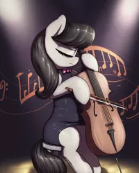 Size: 2000x2500 | Tagged: safe, artist:t72b, derpibooru import, octavia melody, earth pony, pony, bow, bowtie, cello, clothes, dress, eyes closed, female, hoof hold, image, lights, mare, music notes, musical instrument, png, sitting, solo, stage, stool