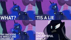 Size: 2000x1125 | Tagged: safe, derpibooru import, edit, edited screencap, editor:quoterific, screencap, princess luna, alicorn, pony, luna eclipsed, angry, female, gritted teeth, image, lightning, open mouth, png, solo