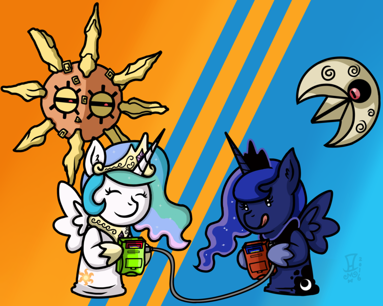 Size: 2355x1883 | Tagged: safe, artist:mangameister, derpibooru import, princess celestia, princess luna, lunatone, solrock, :p, chibi, cute, eyes closed, hoof hold, image, licking, licking lips, png, pokémon, pokémon moon, pokémon sun, pokémon sun and moon, puppet, smiling, sun vs moon, tongue out