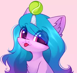 Size: 3396x3215 | Tagged: safe, artist:airiniblock, derpibooru import, izzy moonbow, pony, unicorn, :p, ball, chest fluff, cute, ear fluff, eye clipping through hair, female, g5, high res, horn, horn guard, horn impalement, hornball, image, izzy's tennis ball, izzybetes, looking at you, mare, pink background, png, rcf community, simple background, solo, tennis ball, tongue out
