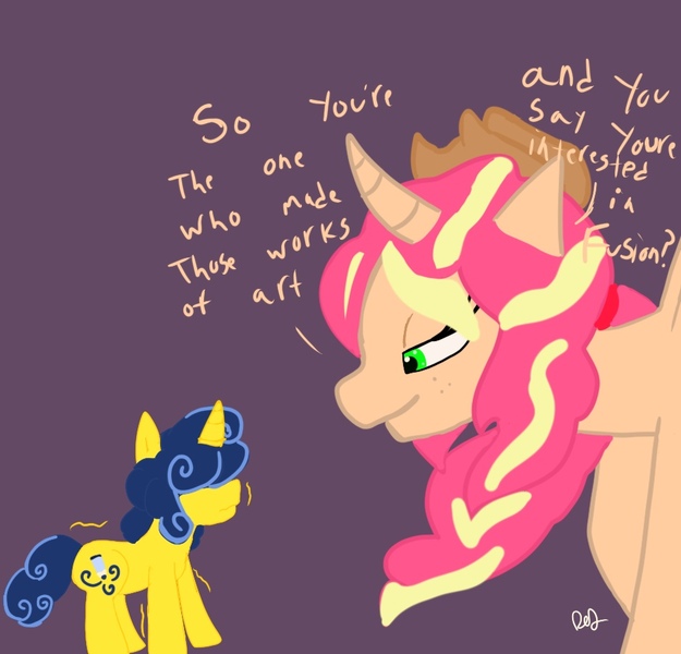 Size: 939x901 | Tagged: safe, artist:thatknuxandsilverfan, author:bigonionbean, derpibooru import, oc, oc:queen motherly morning, oc:swirlee doo, alicorn, pony, unicorn, alicorn oc, big pony, black background, commissioner:bigonionbean, cowboy hat, cutie mark, dialogue, embarrassed, female, fusion, fusion:queen motherly morning, hairband, hat, hidden eyes, horn, image, jpeg, magic, mare, simple background, stetson, traditional art, wings