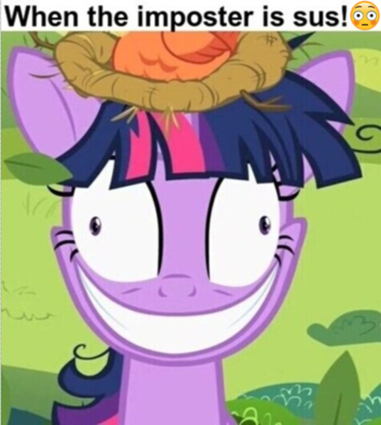 Size: 780x872 | Tagged: safe, derpibooru import, edit, edited screencap, screencap, constance, twilight sparkle, bird, pony, unicorn, lesson zero, among us, crazy smile, faic, female, grin, image, insanity, jerma985, mare, meme, nest, png, ponified meme, shitposting, slasher smile, smiling, solo focus, songbird, sus jerma, twilight snapple, unicorn twilight, when the imposter is sus! 😳