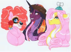 Size: 3909x2866 | Tagged: safe, artist:frozensoulpony, derpibooru import, fluttershy, pinkie pie, twilight sparkle, twilight sparkle (alicorn), alicorn, pony, clothes, costume, hat, image, jpeg, nightmare night costume, ppt, propeller hat, traditional art