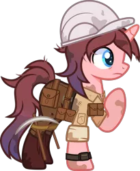 Size: 3500x4262 | Tagged: safe, alternate version, artist:n0kkun, derpibooru import, oc, oc:black ore, unofficial characters only, pony, unicorn, bag, belt, boots, clothes, dirt, female, hard hat, helmet, image, jeans, mare, pants, pickaxe, png, pouch, raised hoof, saddle bag, shirt, shoes, simple background, solo, transparent background, watch, wristwatch