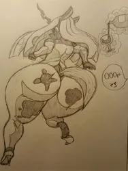 Size: 2988x3984 | Tagged: suggestive, artist:tracerpainter, derpibooru import, queen chrysalis, anthro, alcohol, bottle, breasts, butt, clothes, dress, glass, huge butt, image, jpeg, large butt, solo, spill, straining clothes, thighs, thunder thighs, tight clothing, traditional art, wide hips, wine, wine bottle, wine glass