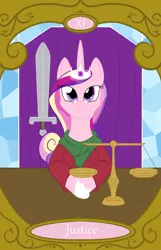 Size: 900x1400 | Tagged: safe, artist:sixes&sevens, derpibooru import, princess cadance, crossed hooves, image, justice, png, scales, sword, tarot card, weapon