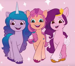 Size: 715x628 | Tagged: safe, derpibooru import, izzy moonbow, pipp petals, sunny starscout, earth pony, pegasus, pony, unicorn, female, g5, image, jpeg, looking at you, mare, pony history, smiling, smiling at you, trio, trio female, unshorn fetlocks