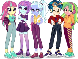 Size: 6015x4550 | Tagged: safe, artist:limedazzle, derpibooru import, indigo zap, lemon zest, sour sweet, sugarcoat, sunny flare, equestria girls, absurd resolution, alternate design, casual, clothes, converse, crossed arms, crystal prep shadowbolts, female, freckles, goggles, group, hands in pockets, hands on hip, headphones, image, jacket, lidded eyes, one eye closed, pants, png, shadow five, shadowbolts, shoes, show accurate, simple background, skirt, smiling, transparent background, wink, wristband