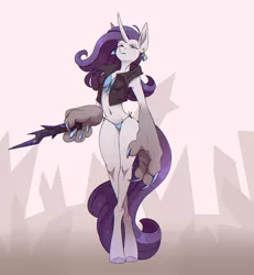 Size: 2425x2623 | Tagged: safe, artist:1an1, derpibooru import, rarity, anthro, diamond dog, dog, hybrid, unguligrade anthro, unicorn, belly button, bra, breasts, clothes, crystal, curved horn, diamond dogified, ear piercing, earring, horn, image, jewelry, panties, partial transformation, paws, piercing, png, raridog, species swap, thong, underwear, vest