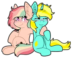 Size: 2124x1714 | Tagged: safe, artist:yourpennypal, derpibooru import, oc, oc:lemondime, oc:penny, unofficial characters only, earth pony, pony, unicorn, arm around neck, blushing, image, png, sitting