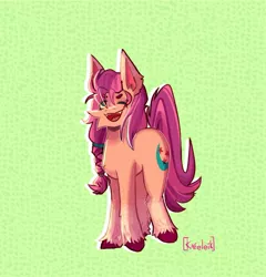 Size: 1158x1205 | Tagged: safe, artist:kafeleik, derpibooru import, sunny starscout, earth pony, pony, abstract background, braid, female, g5, image, jpeg, mare, one eye closed, open mouth, signature, solo