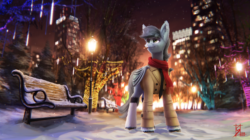 Size: 4531x2540 | Tagged: safe, alternate version, artist:syntaxartz, derpibooru import, oc, unofficial characters only, bat pony, pony, bench, cigarette, city, clothes, commission, image, irl, male, night, park, park bench, photo, png, ponies in real life, scarf, shirt, smiling, smoking, snow, solo, stallion, streetlight, winter