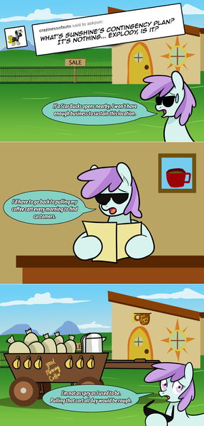 Size: 1280x2680 | Tagged: safe, artist:ladyanidraws, derpibooru import, oc, oc:sunshine morning, earth pony, pony, ask pun, ask, cart, image, png, sunglasses