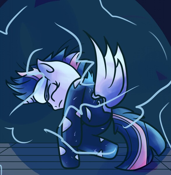 Size: 1250x1280 | Tagged: safe, artist:superhypersonic2000, derpibooru import, twilight sparkle, twilight sparkle (alicorn), alicorn, pony, alternate hairstyle, clothes, digital art, eyes closed, female, future twilight, glowing horn, horn, image, jpeg, magic, mare, solo, spread wings, suit, tail, wings