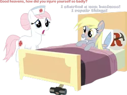 Size: 2826x2123 | Tagged: safe, artist:dash-o-salt, derpibooru import, derpy hooves, nurse redheart, bandage, bed, dialogue, epic fail, fail, hammer, i just don't know what went wrong, image, newbie artist training grounds, noodle incident, oops my bad, png, sad, simple background, smiling, transparent background