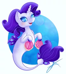 Size: 400x447 | Tagged: safe, artist:xenyu, derpibooru import, rarity, pony, seapony (g4), unicorn, blue background, blue eyes, bubble, colored pupils, diamond, dorsal fin, fan, female, fins, fish tail, flowing mane, flowing tail, horn, image, jpeg, looking at you, open mouth, seaponified, seapony rarity, seashell, signature, simple background, smiling, solo, species swap, tail, underwater, water, white background