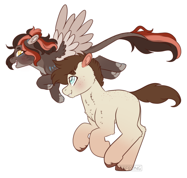 Size: 2000x1900 | Tagged: safe, artist:liefsong, derpibooru import, oc, oc:chestnut, oc:cloudjumper, earth pony, sphinx, blushing, chest fluff, colored wings, flying, image, leonine tail, multicolored wings, paws, png, running, wings