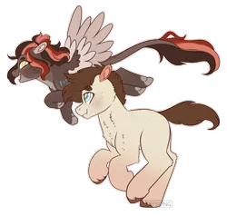 Size: 2000x1900 | Tagged: safe, artist:liefsong, derpibooru import, oc, oc:chestnut, oc:cloudjumper, earth pony, sphinx, blushing, chest fluff, colored wings, flying, image, leonine tail, multicolored wings, paws, png, running, wings