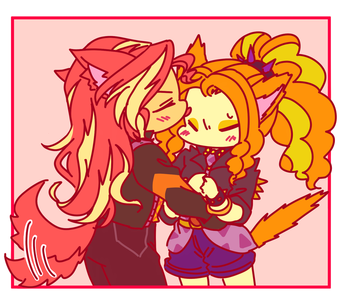 Size: 1600x1400 | Tagged: safe, artist:raika0306, derpibooru import, adagio dazzle, sunset shimmer, cat, dog, equestria girls, blushing, cat ears, cat tail, catdagio, catgirl, catified, dog ears, dog tail, doggirl, dogified, eyes closed, female, image, kemonomimi, kissing, lesbian, licking, png, shipping, species swap, sunsagio, tail wag, tongue out