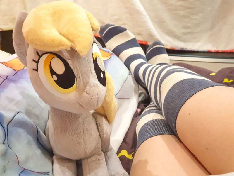 Size: 2000x1500 | Tagged: safe, artist:shyslutty, artist:sluttyshy, derpibooru import, derpy hooves, human, pegasus, pony, body pillow, clothes, female, fetish, image, irl, irl human, jpeg, legs, long socks, mare, photo, plushie, plushophilia, socks, stocking feet, striped socks