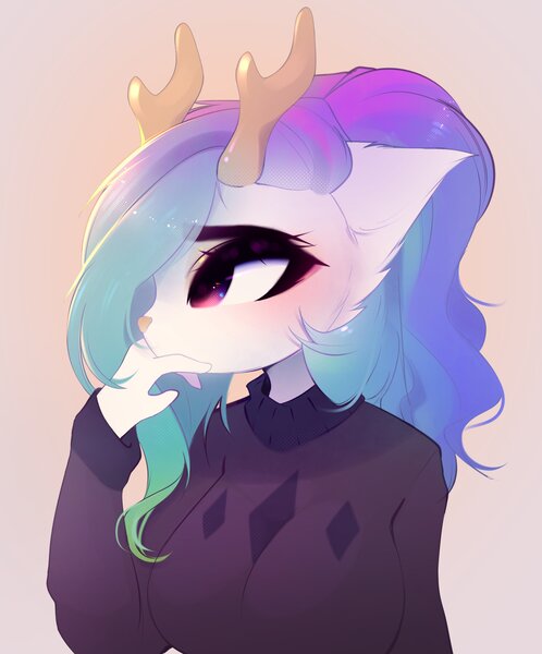 Size: 3397x4096 | Tagged: safe, artist:magnaluna, derpibooru import, princess celestia, anthro, deer, breasts, busty princess celestia, clothes, cute, cutelestia, deerified, image, jpeg, species swap, sweater, sweater puppies, turtleneck