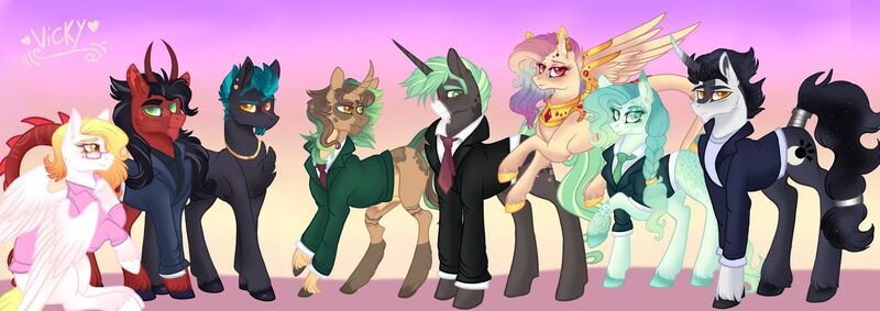 Size: 1920x680 | Tagged: safe, artist:nightingalewolfie, derpibooru import, oc, oc:aaron limestone, oc:daring derek, oc:dr. spots, oc:gabriel goldeen, oc:gideon eclipse, oc:justice jewel, oc:lucifer, oc:precious prentiss, unofficial characters only, earth pony, pegasus, pony, unicorn, female, image, jpeg, male, mare, stallion