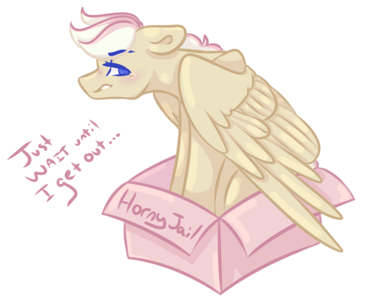 Size: 2490x2046 | Tagged: suggestive, artist:cookiedoart, derpibooru import, oc, oc:cornetto, unofficial characters only, pegasus, pony, box, commission, cute, dialogue, grumpy, horny jail, image, male, png, pony in a box, simple background, solo, solo male, text, transparent background, wings, ych result