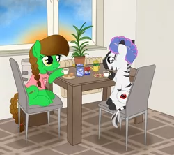 Size: 1712x1517 | Tagged: safe, artist:dyonys, derpibooru import, oc, oc:lucky brush, oc:nik, earth pony, pony, zebra, braid, bread, breakfast, chair, clothes, coffee, female, flower, food, freckles, image, male, mare, muffin, pajamas, png, sitting, stallion, table, toast, towel