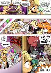 Size: 1204x1700 | Tagged: safe, artist:tarkron, derpibooru import, applejack, fluttershy, big cat, breezie, changeling, diamond dog, donkey, dragon, earth pony, gryphon, pegasus, tiger, comic:what happens in las pegasus, alcohol, applejack's hat, balloon, barrel, beer, belly, bong, burger, clothes, comic, cowboy hat, dress, drunk, food, freckles, glasses, hamburger, hat, here we go again, image, mafia, open mouth, png, sleeping, speech bubble, this will not end well, vomit, wedding dress, where's my money