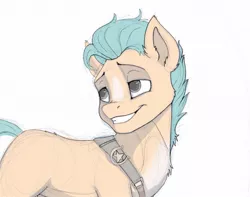 Size: 1247x984 | Tagged: safe, artist:cuppa_chow, derpibooru import, hitch trailblazer, earth pony, pony, blaze (coat marking), ear fluff, g5, grin, image, jpeg, looking back, male, pale belly, simple background, smiling, smirk, solo, stallion, teeth, white background