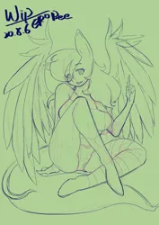 Size: 1771x2508 | Tagged: safe, artist:ero-bee, derpibooru import, oc, unofficial characters only, anthro, pegasus, unguligrade anthro, clothes, eyelashes, gray background, image, jpeg, lineart, pegasus oc, signature, simple background, sitting, smiling, socks, solo, striped socks, wings