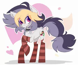 Size: 2400x2000 | Tagged: safe, artist:fodsley, artist:liquorice_sweet, derpibooru import, oc, oc:liquorice sweet, unofficial characters only, earth pony, pony, abstract background, choker, clothes, collaboration, ear fluff, eye clipping through hair, female, freckles, heart, image, jpeg, looking at you, mare, raised hoof, socks, solo, striped socks