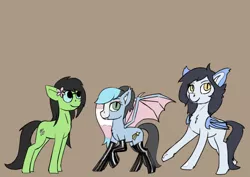 Size: 1200x848 | Tagged: safe, artist:warskunk, derpibooru import, oc, oc:mitzy, oc:prickly pears, oc:starskipper, unofficial characters only, bat pony, earth pony, bat pony oc, bat wings, clothes, earth pony oc, flower, flower in hair, image, jpeg, leggings, simple background, wings