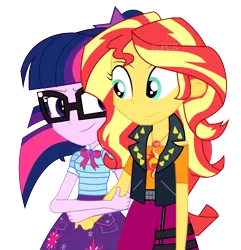 Size: 1096x1139 | Tagged: safe, artist:jcpreactyt, derpibooru import, sci-twi, sunset shimmer, twilight sparkle, equestria girls, clothes, couple, duo, duo female, female, hair, holding, holding hands, hug, image, lesbian, png, relationship, scitwishimmer, shipping, skirt, sunsetsparkle