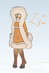 Size: 3200x4700 | Tagged: safe, artist:sneetymist, derpibooru import, oc, oc:lya the reindeer, anthro, deer, reindeer, unguligrade anthro, blind, breasts, clothes, colored, dress, female, fur coat, image, parka, partial nudity, png, simple background, snow, solo, traditional clothing, winter outfit