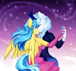 Size: 3000x2776 | Tagged: safe, artist:shooshaa, derpibooru import, oc, oc:code quill, oc:jeppesen, unofficial characters only, anthro, kirin, pegasus, pony, abstract background, alternate hairstyle, anthro oc, armpits, ballroom dancing, braid, breasts, chest fluff, clothes, dancing, dress, evening dress, evening gloves, female, flower, flower in hair, formal dress, formal wear, gloves, holding hands, horn, image, interspecies, kirin oc, long gloves, looking at each other, male, mare, oc x oc, pegasus oc, pink dress, png, shipping, stallion, suit, tail, wings