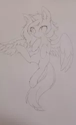Size: 1272x2078 | Tagged: safe, artist:aleuoliver, derpibooru import, oc, unofficial characters only, alicorn, pony, alicorn oc, ear fluff, female, horn, image, jpeg, lineart, mare, monochrome, solo, traditional art, wings