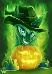 Size: 1950x2750 | Tagged: safe, artist:kridershot, derpibooru import, princess luna, alicorn, pony, evil grin, fangs, female, green glow, grin, halloween, hat, holiday, hoof shoes, image, jack-o-lantern, looking at you, mare, nightmare night, png, pumpkin, signature, smiling, solo, witch hat