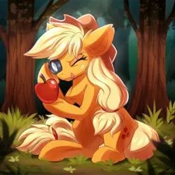 Size: 4000x4000 | Tagged: safe, artist:ask-colorsound, derpibooru import, applejack, earth pony, pony, :p, apple, applejack's hat, blonde hair, chest fluff, cowboy hat, cute, ear fluff, eyelashes, female, food, grass, hat, image, jackabetes, jpeg, leg fluff, looking at something, magnifying glass, mane, mare, one eye closed, outdoors, sitting, solo, tail, that pony sure does love apples, tongue out, tree